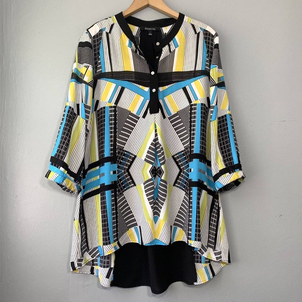 Relativity Womens Large Semi Sheer Blouse Geometric Print 3/4 Sleeve Tunic Top